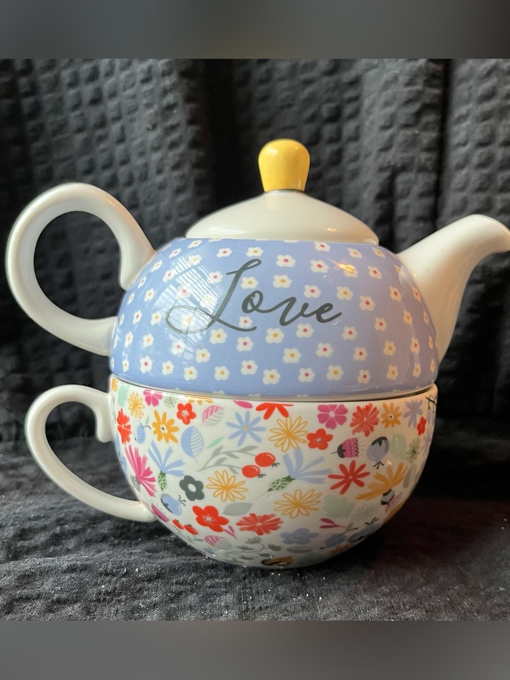 Floral 'Love' Teapot & Cup Set for one- Blue, Yellow, Multi Floral
